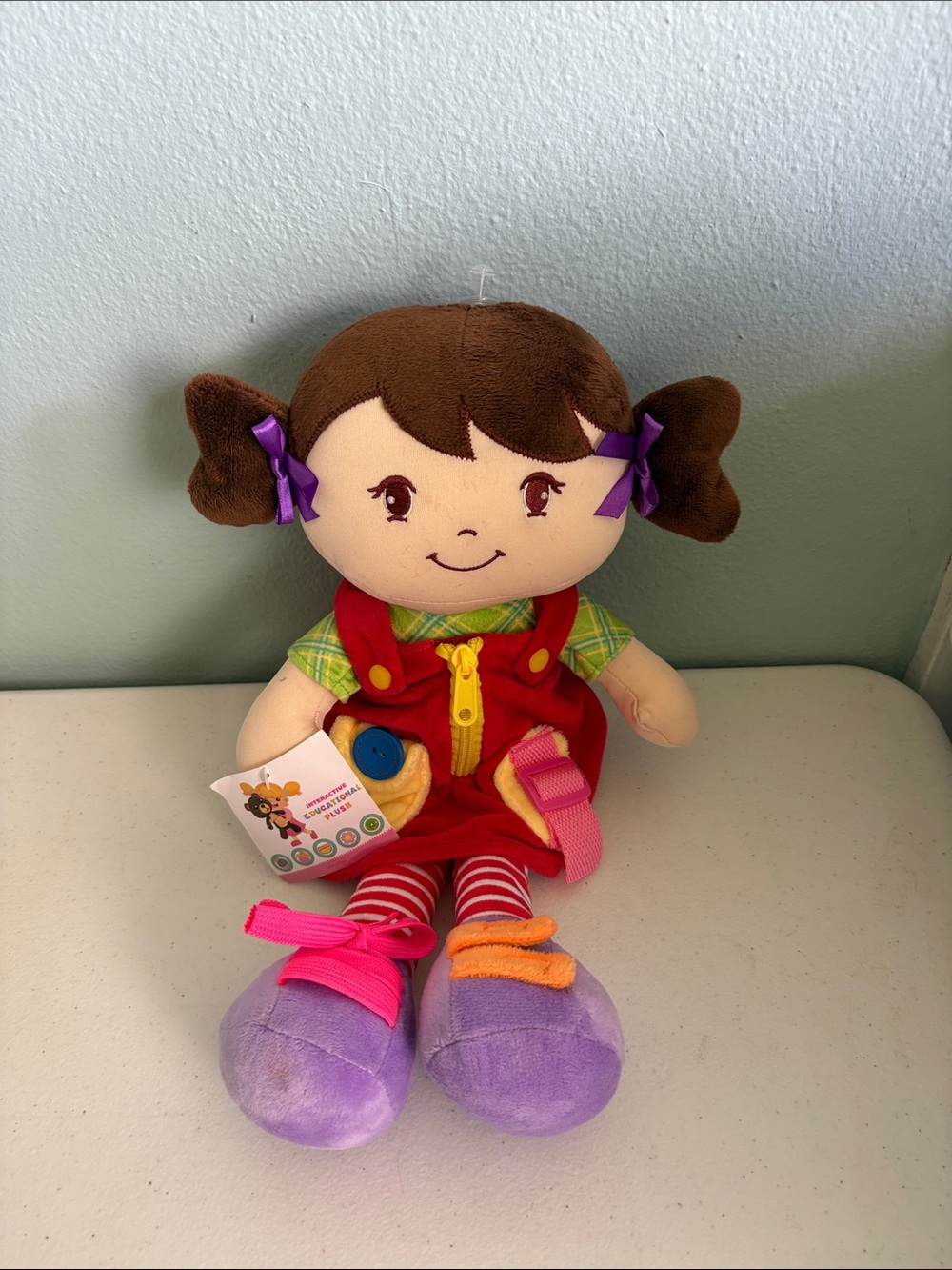 Linzy Learn to Dress Kids Plush Doll with Purple Shoes and Red Outfit 17”